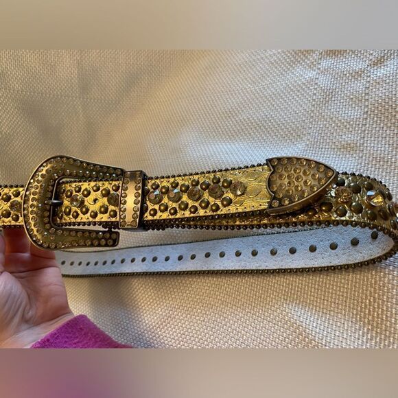 Western golden jeweled embossed leather bling fabulous belt large buckle main image 7